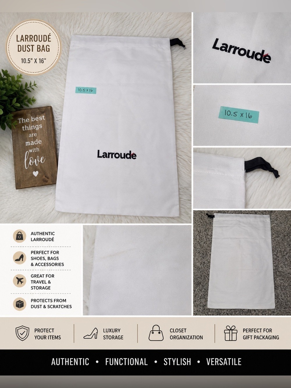 Larroudé Dust Bag White Shoe Storage Travel Bag 10.5x16